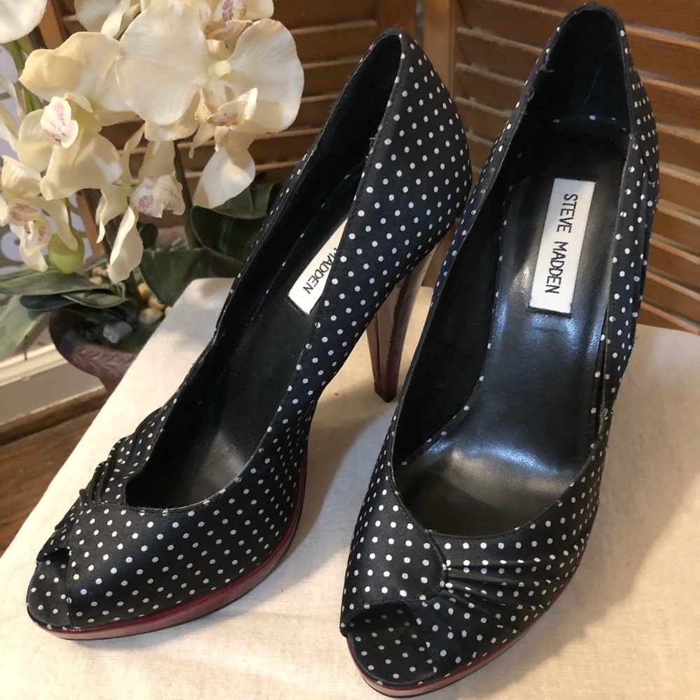 Sexy Peep Toe Black Polka Dot Fabric Red Platform Steve Madden Stilletos